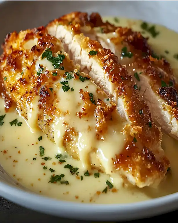Parmesan Hähnchen in Käsesauce knusprig überbacken