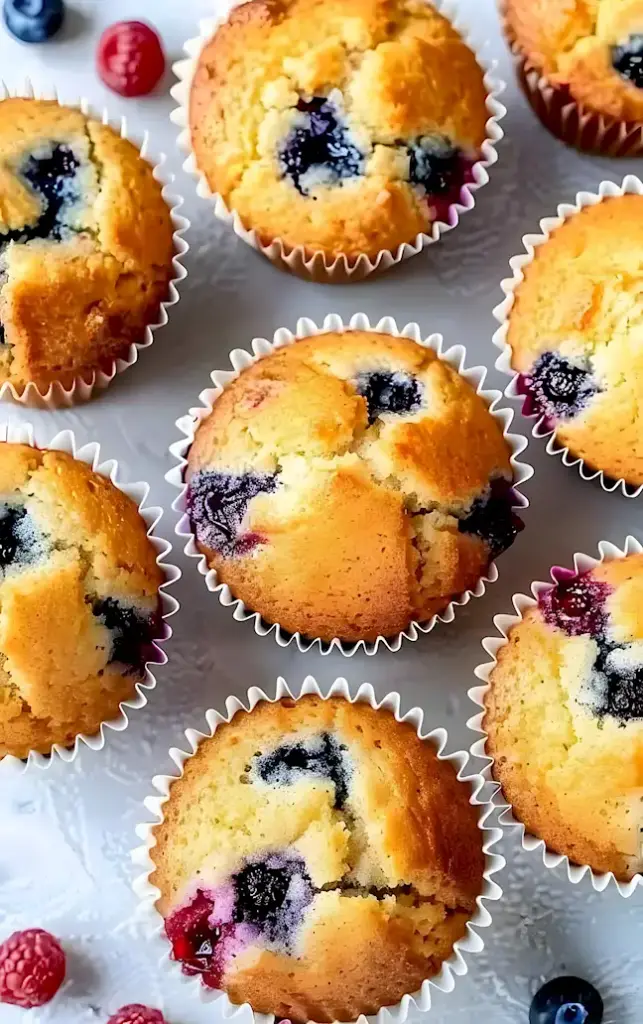 Saftige und einfache Drei-Beeren-Muffins