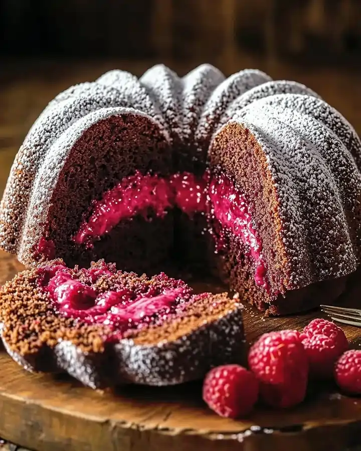 Saftiger Schoko-Gugelhupf mit frischen Himbeeren