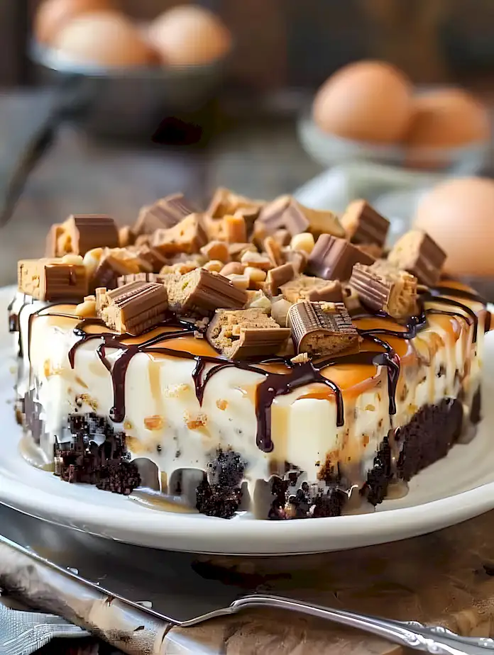 Snickers Poke Kuchen: Schokoladig & Karamellig 3 Snickers Poke Kuchen: Schokoladig & Karamellig