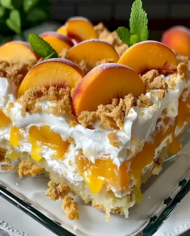 Sommerlicher Pfirsich Lochkuchen mit Sahne Topping