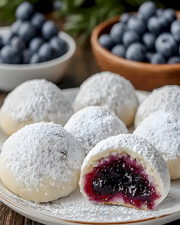 Zarte Mandel-Schneebälle mit fruchtiger Blaubeerfüllung