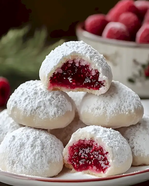 Zarte Mandel-Schneekekse mit fruchtiger Himbeerfüllung