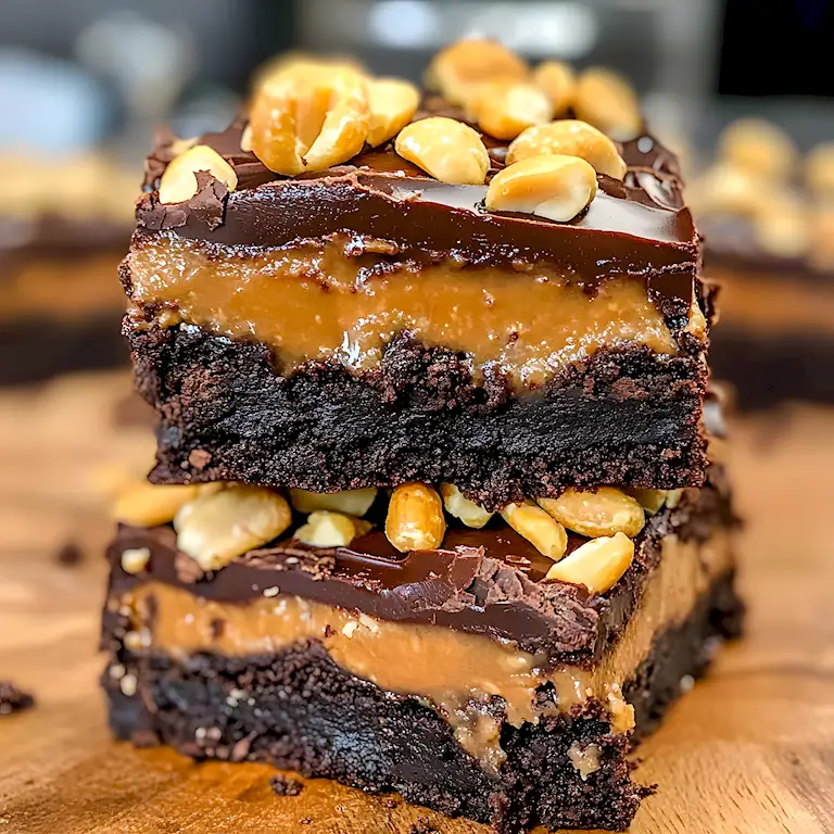 Zartschmelzende Schoko-Erdnuss-Karamell Brownie Riegel 3 Zartschmelzende Schoko-Erdnuss-Karamell Brownie Riegel