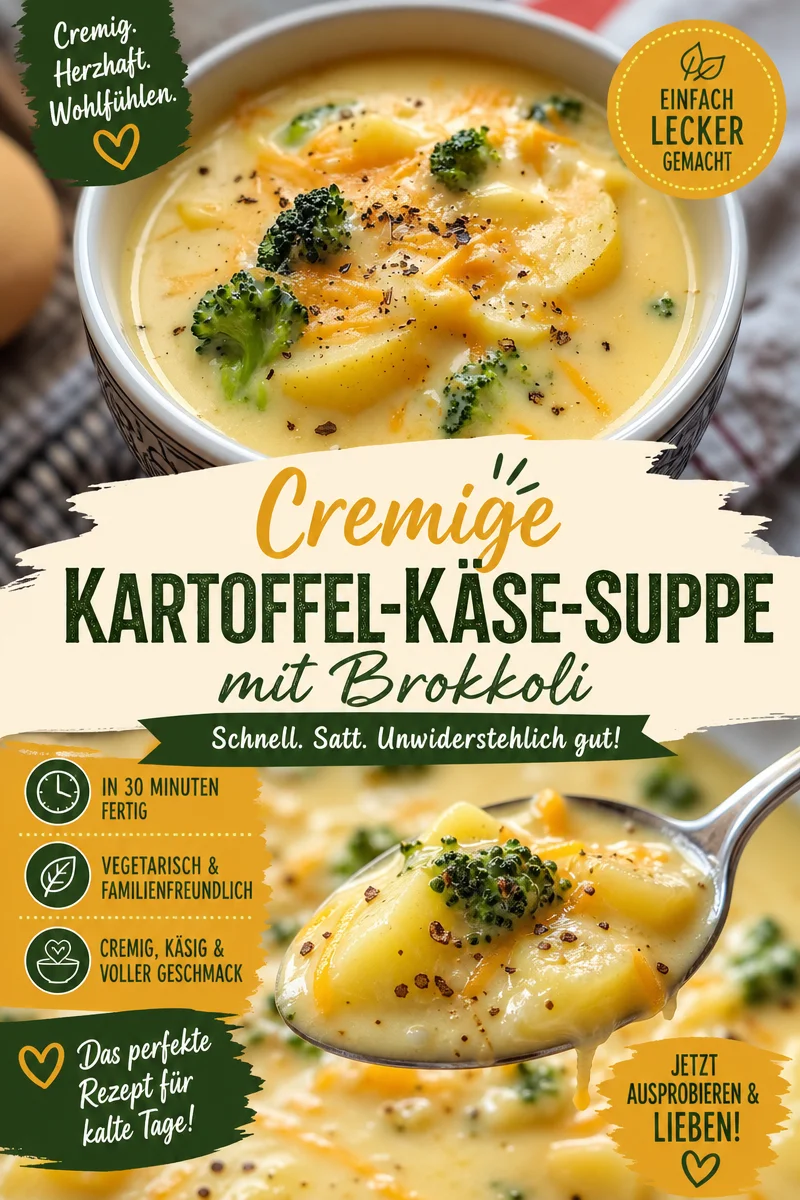 Cremige Brokkoli Kartoffel Suppe: Einfach, schnell und köstlich Cremige Brokkoli Kartoffel Suppe: Einfach, schnell und köstlich - Entdecke dieses unwiderstehliche Rezept für cremige Brokkoli Kartoffel Suppe mit Käse! Perfekt für kalte Tage, kommt die Suppe schnell und einfach auf den Tisch. Nur wenige Zutaten, aber voller Geschmack! Probiere dieses Gericht noch heute aus und bringe Wärme in dein Zuhause. Lass dich von dieser gesunden und herzhaften Suppe überzeugen! #BrokkoliSuppe #SchnelleRezepte #WärmendeGerichte