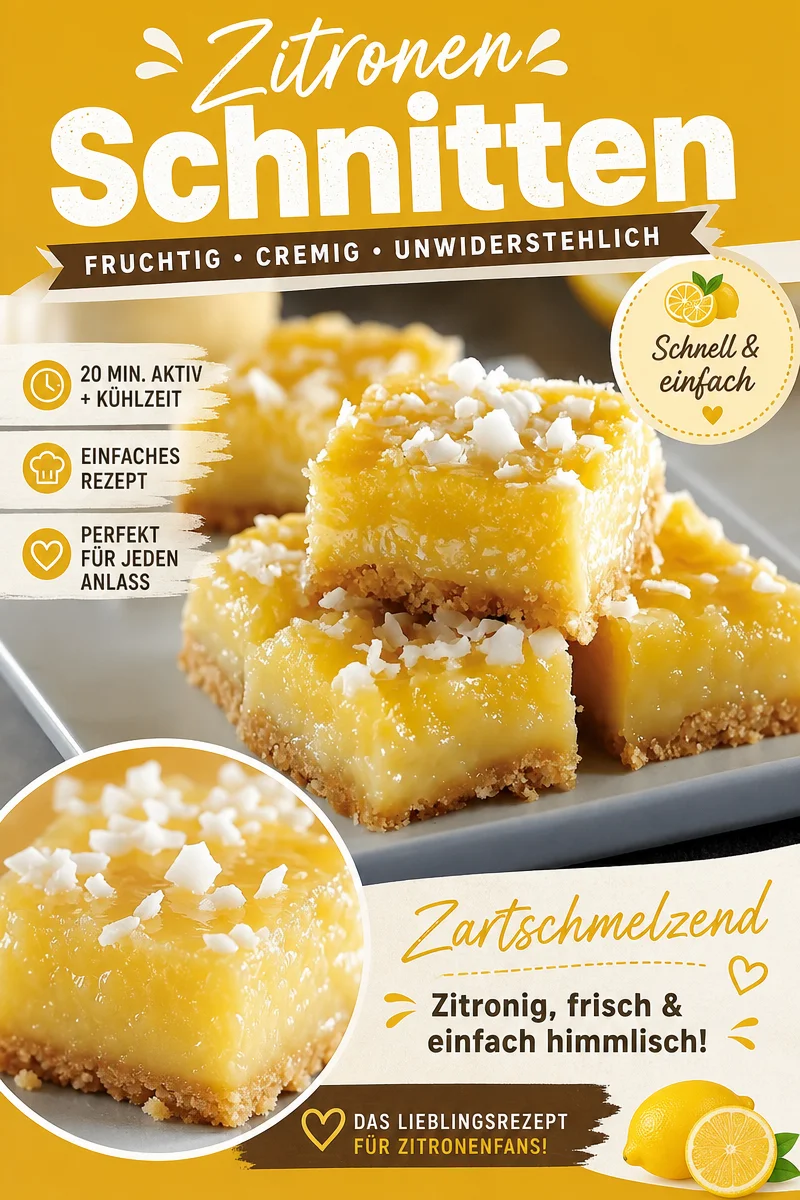 Erfrischende Zitronen-Kokos-Riegel: Der perfekte Genuss für sonnige Tage Erfrischende Zitronen-Kokos-Riegel: Der perfekte Genuss für sonnige Tage - Entdecke das ultimative Rezept für Zitronen-Kokos-Riegel – einfach, köstlich und perfekt für jede sonnige Gelegenheit! Diese Riegel vereinen den spritzigen Geschmack frischer Zitrone mit der süßen Note von Kokos. Bereite sie schnell zu und genieße sie entweder pur oder mit Schlagsahne und frischen Beeren. Probiere es aus und bringe mehr Sonne in deine Desserts! #ZitronenKokosRiegel #Süßspeisen #LeckereRezepte
