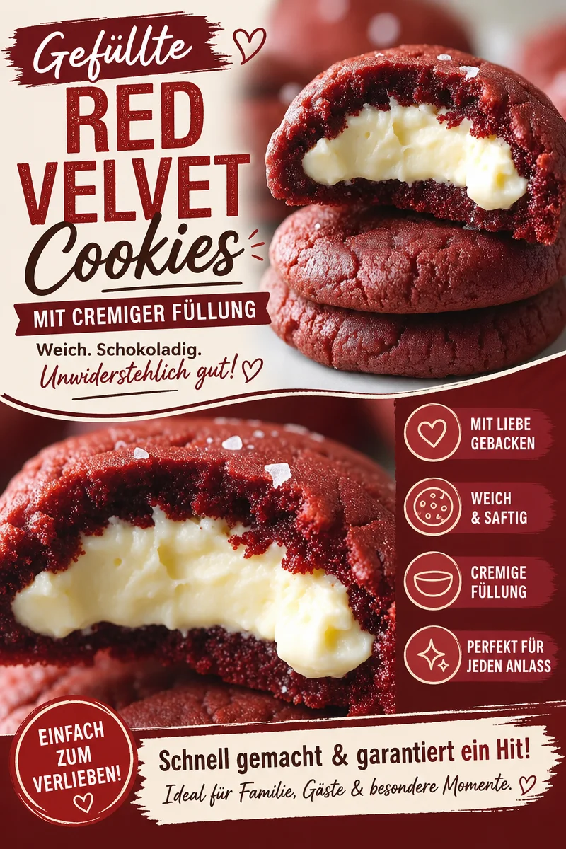 Köstliche Red Velvet Cookies mit Käsekuchenfüllung für deine Seele Köstliche Red Velvet Cookies mit Käsekuchenfüllung für deine Seele - Du bist auf der Suche nach dem perfekten Keks? Diese Red Velvet Cookies gefüllt mit Käsekuchencreme sind der ultimative Seelentröster! Einfach in der Zubereitung und unwiderstehlich lecker – überzeuge dich selbst! Erlebe den perfekten Genuss mit jedem Biss. Backe jetzt diese himmlischen Kekse und teile dein Ergebnis! #Kekse #RedVelvet #Süßspeisen