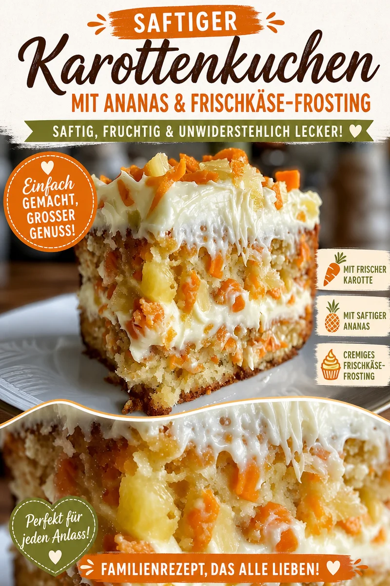 Saftiger Karottenkuchen mit Ananas und Frischkäsecreme – einfach unwiderstehlich! Saftiger Karottenkuchen mit Ananas und Frischkäsecreme – einfach unwiderstehlich! - Entdecke das perfekte Rezept für einen saftigen Karottenkuchen mit einer fruchtigen Note! Dieser Kuchen wird deine Gäste begeistern und ist ideal für jede Feier. Folge meinem einfachen Rezept und genieße den unwiderstehlichen Geschmack. Backe jetzt los und teile das Ergebnis! #Karottenkuchen #Backen #LeckereRezepte